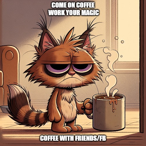 Kucing capek butuh kopi (tired cat coffee meme)